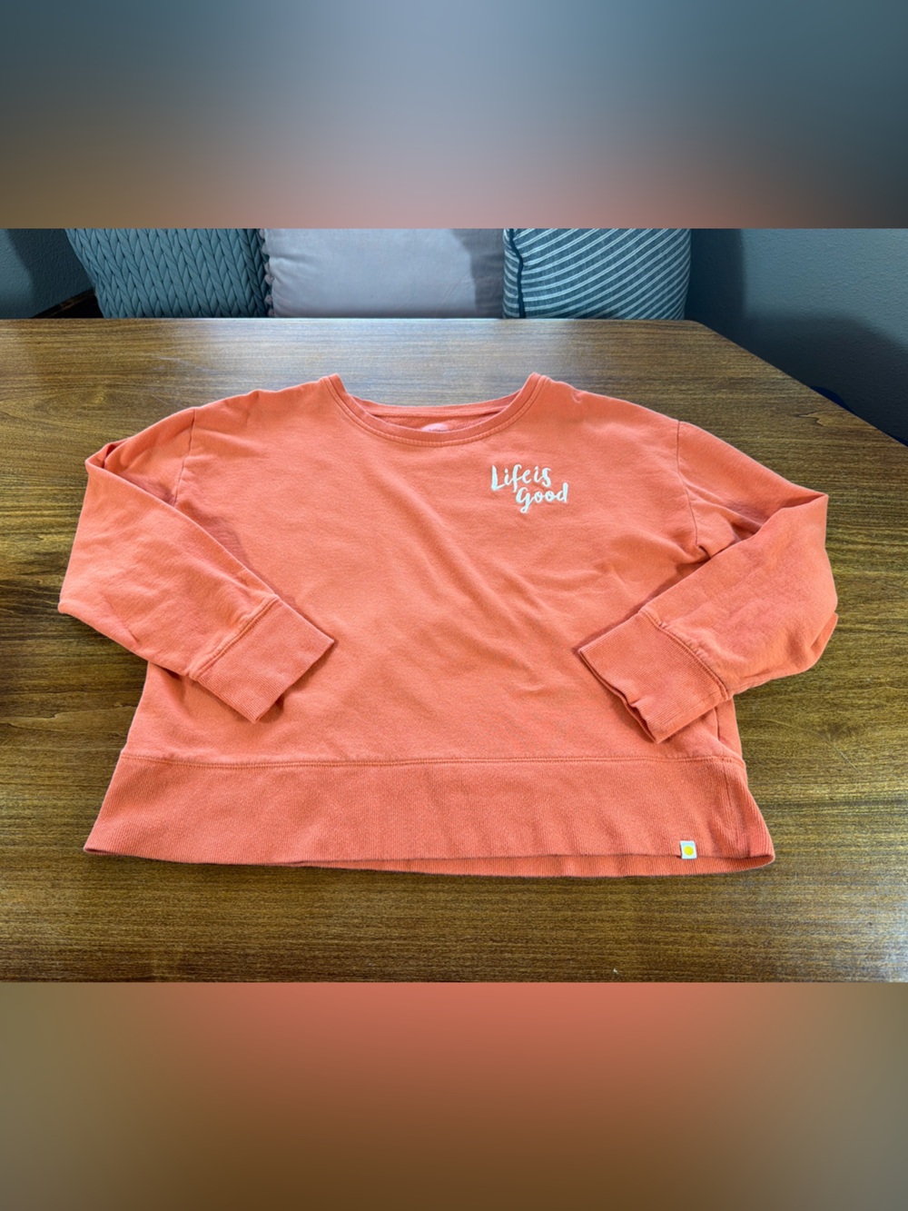 Life Is Good Women’s Coral Crewneck Sweatshirt with Script Chest Logo 3/4 Sleeve